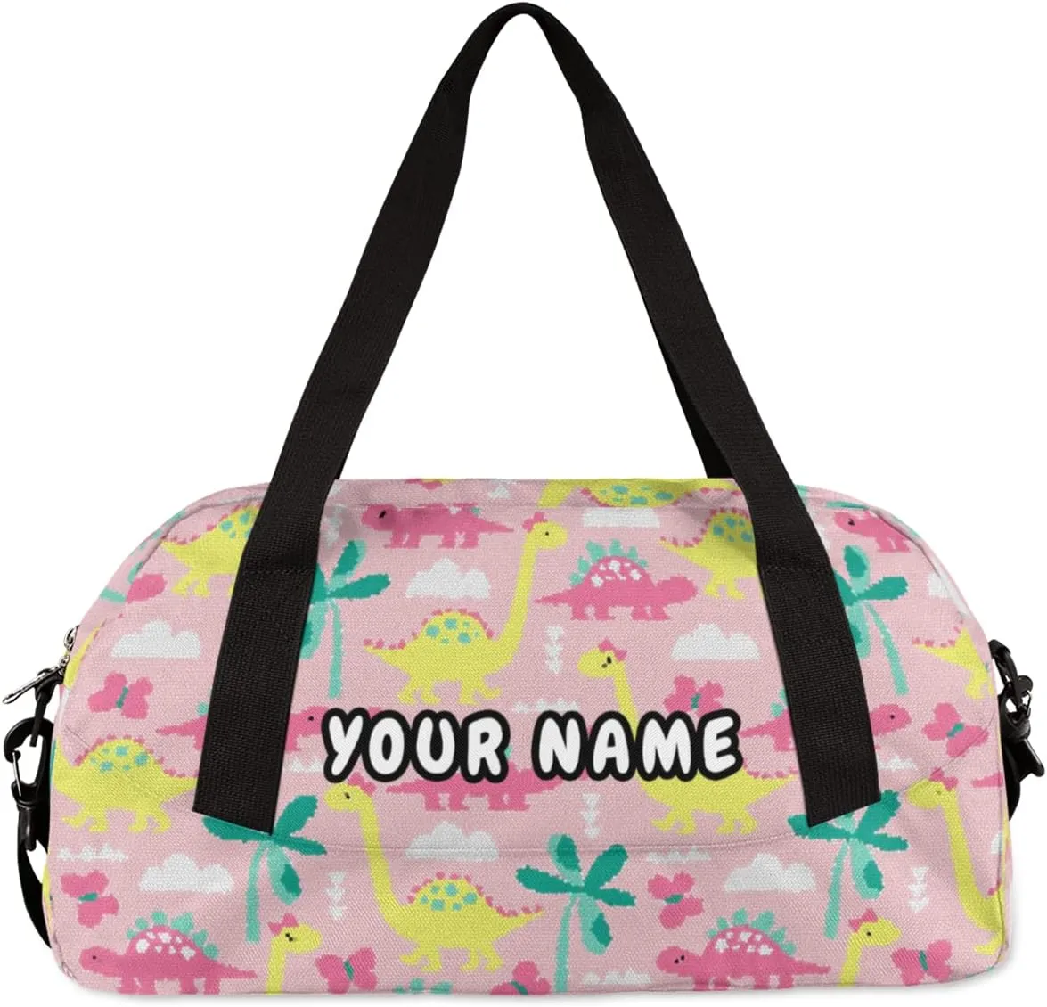 Pink Dinosaur Personalized Kids Duffel Bag for Girls Boys, Dinosaur Debris Custom Name Dance Bag Overnight Small Duffel Bag Carry On Weekend Sports Travel Bag for School Practice Gymnastics Ballet