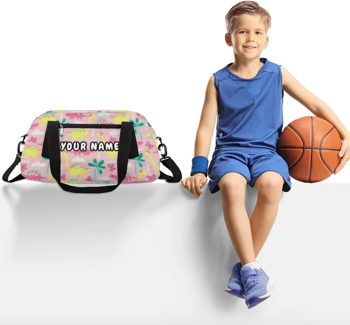 Pink Dinosaur Personalized Kids Duffel Bag for Girls Boys, Dinosaur Debris Custom Name Dance Bag Overnight Small Duffel Bag Carry On Weekend Sports Travel Bag for School Practice Gymnastics Ballet