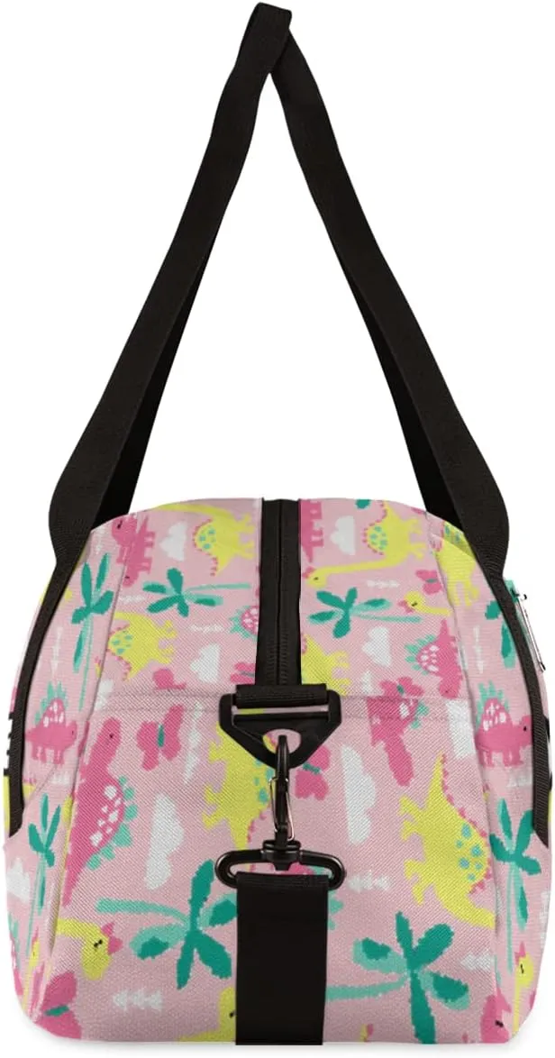 Pink Dinosaur Personalized Kids Duffel Bag for Girls Boys, Dinosaur Debris Custom Name Dance Bag Overnight Small Duffel Bag Carry On Weekend Sports Travel Bag for School Practice Gymnastics Ballet