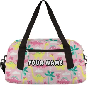 Pink Dinosaur Personalized Kids Duffel Bag for Girls Boys, Dinosaur Debris Custom Name Dance Bag Overnight Small Duffel Bag Carry On Weekend Sports Travel Bag for School Practice Gymnastics Ballet