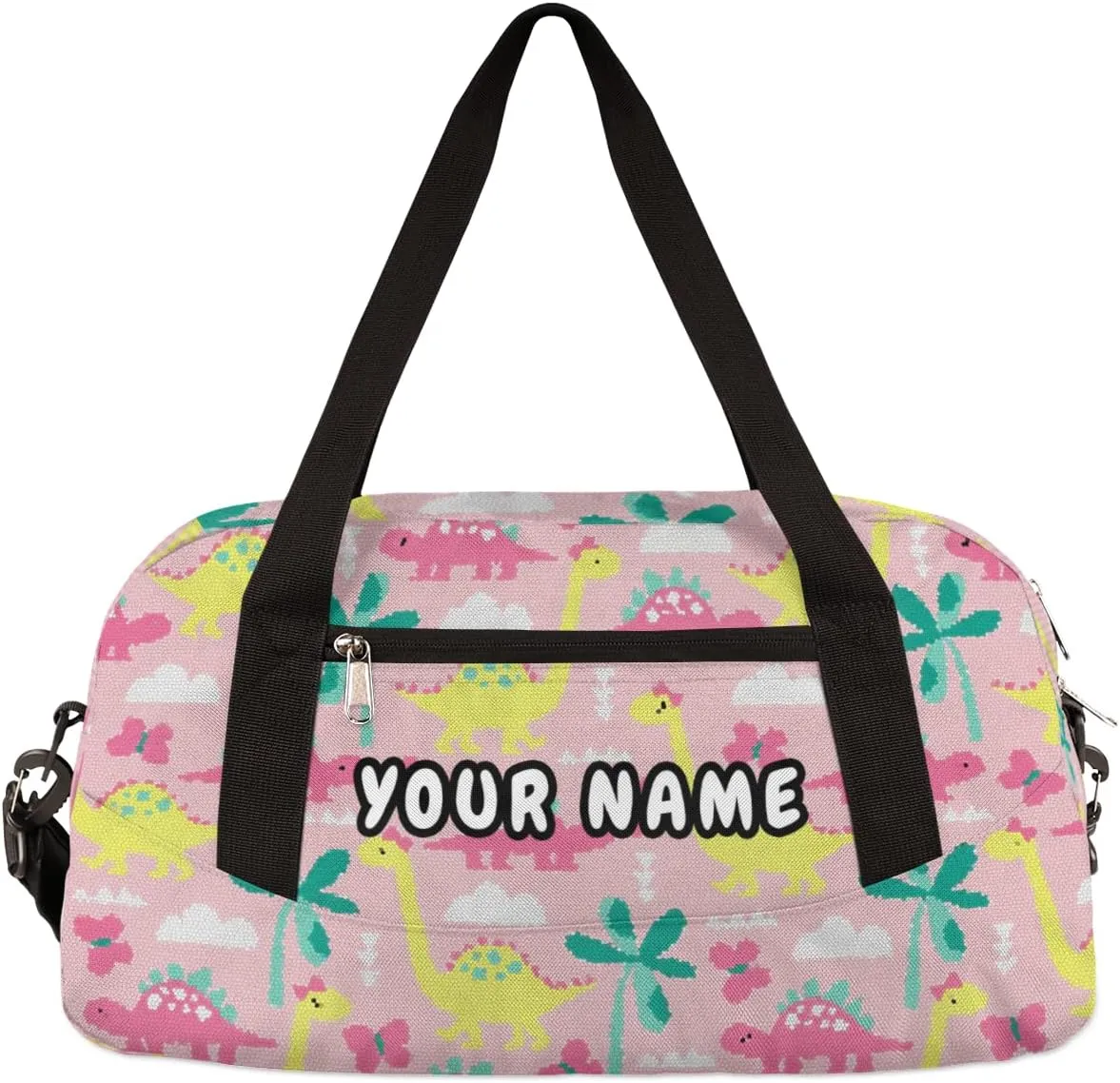 Pink Dinosaur Personalized Kids Duffel Bag for Girls Boys, Dinosaur Debris Custom Name Dance Bag Overnight Small Duffel Bag Carry On Weekend Sports Travel Bag for School Practice Gymnastics Ballet