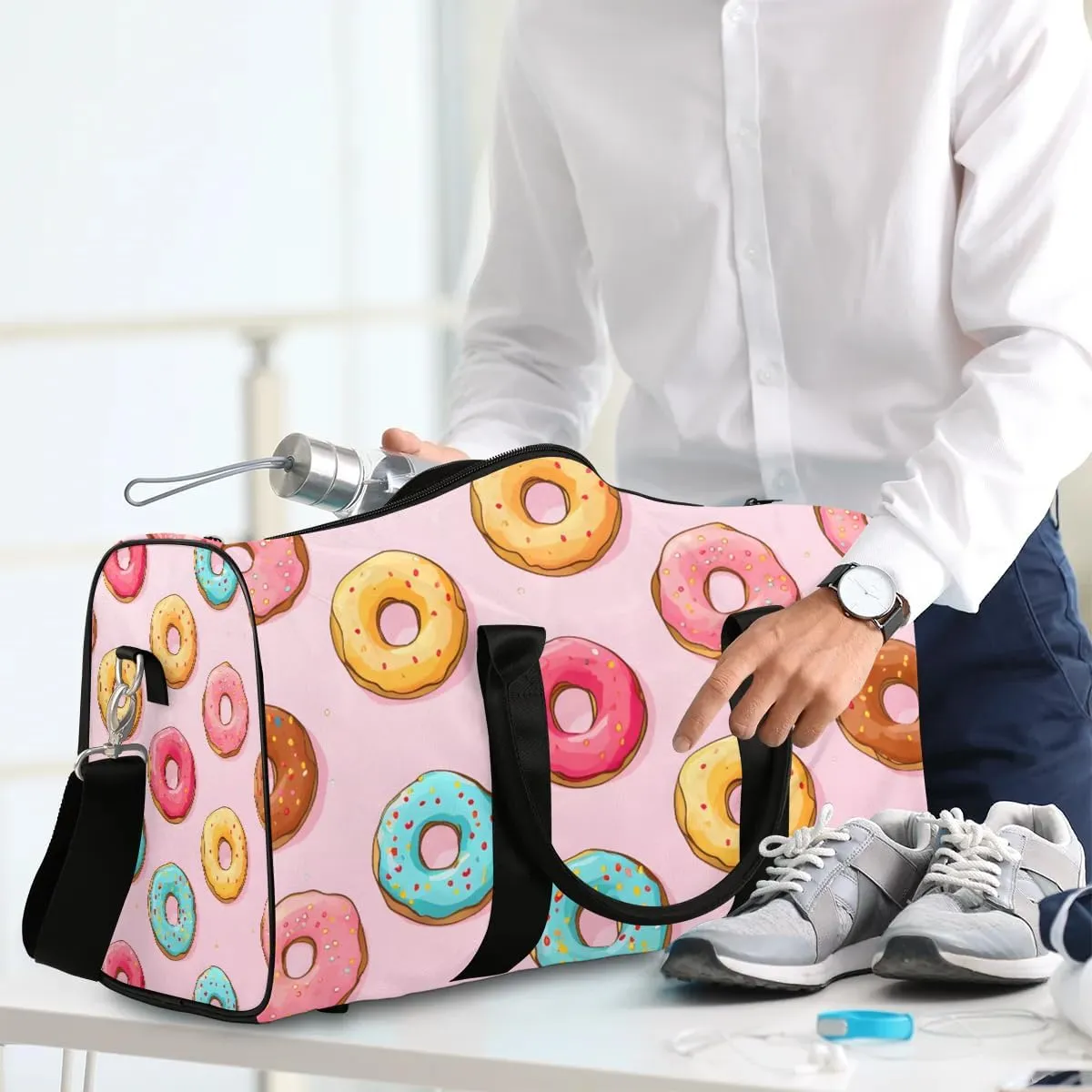 Pink Donut Food Travel Duffel Bag for Women Men Waterproof Foldable Overnight Weekender Bag Large Capacity Sports Gym Bag