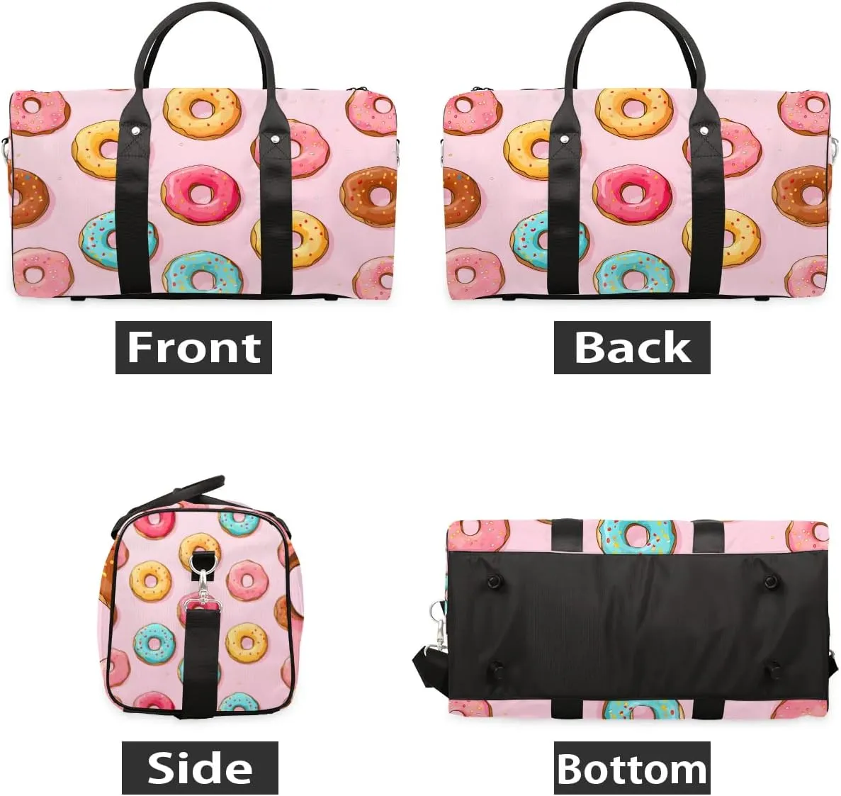 Pink Donut Food Travel Duffel Bag for Women Men Waterproof Foldable Overnight Weekender Bag Large Capacity Sports Gym Bag