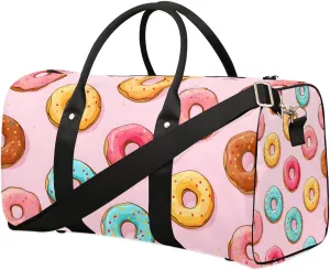 Pink Donut Food Travel Duffel Bag for Women Men Waterproof Foldable Overnight Weekender Bag Large Capacity Sports Gym Bag
