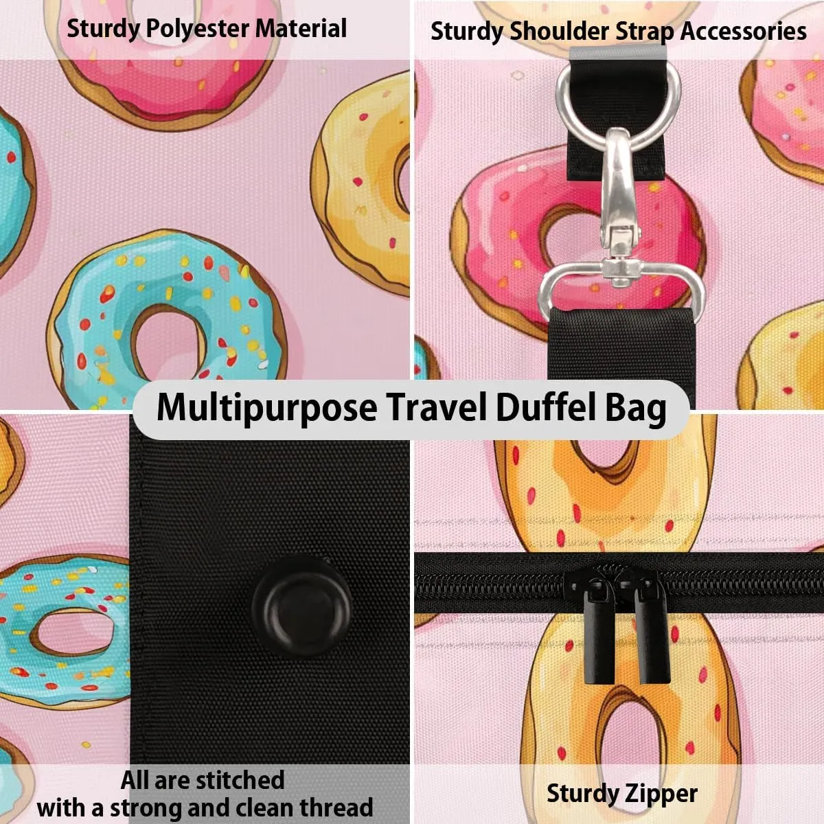 Pink Donut Food Travel Duffel Bag for Women Men Waterproof Foldable Overnight Weekender Bag Large Capacity Sports Gym Bag