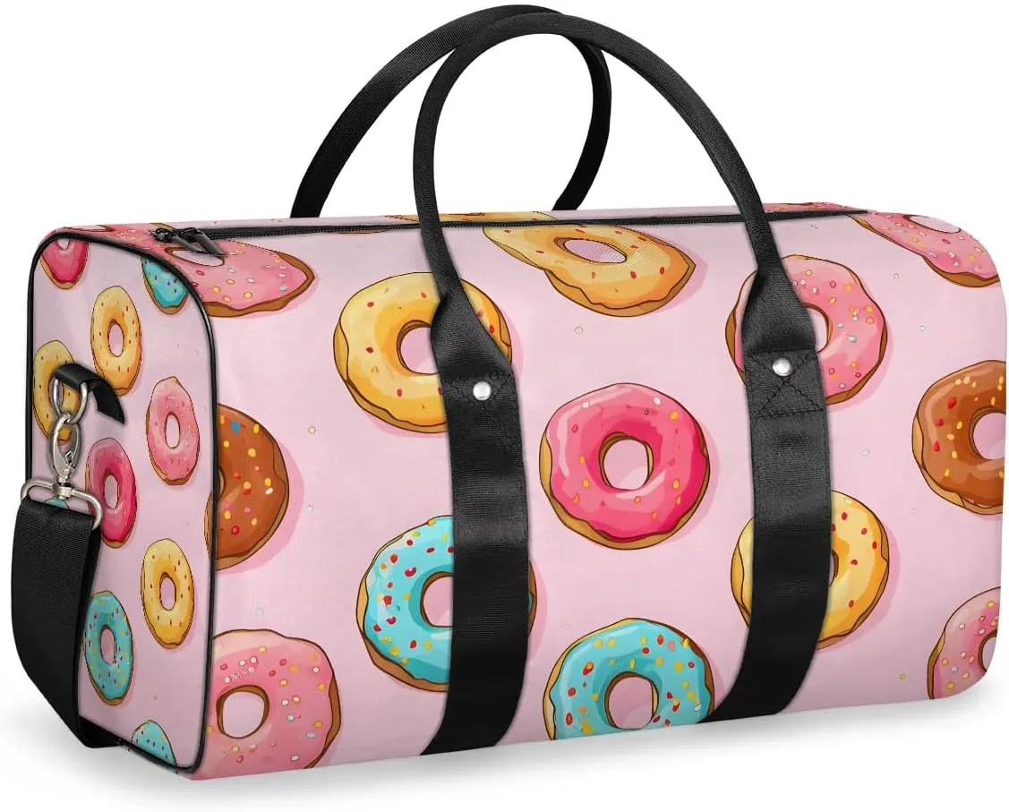 Pink Donut Food Travel Duffel Bag for Women Men Waterproof Foldable Overnight Weekender Bag Large Capacity Sports Gym Bag