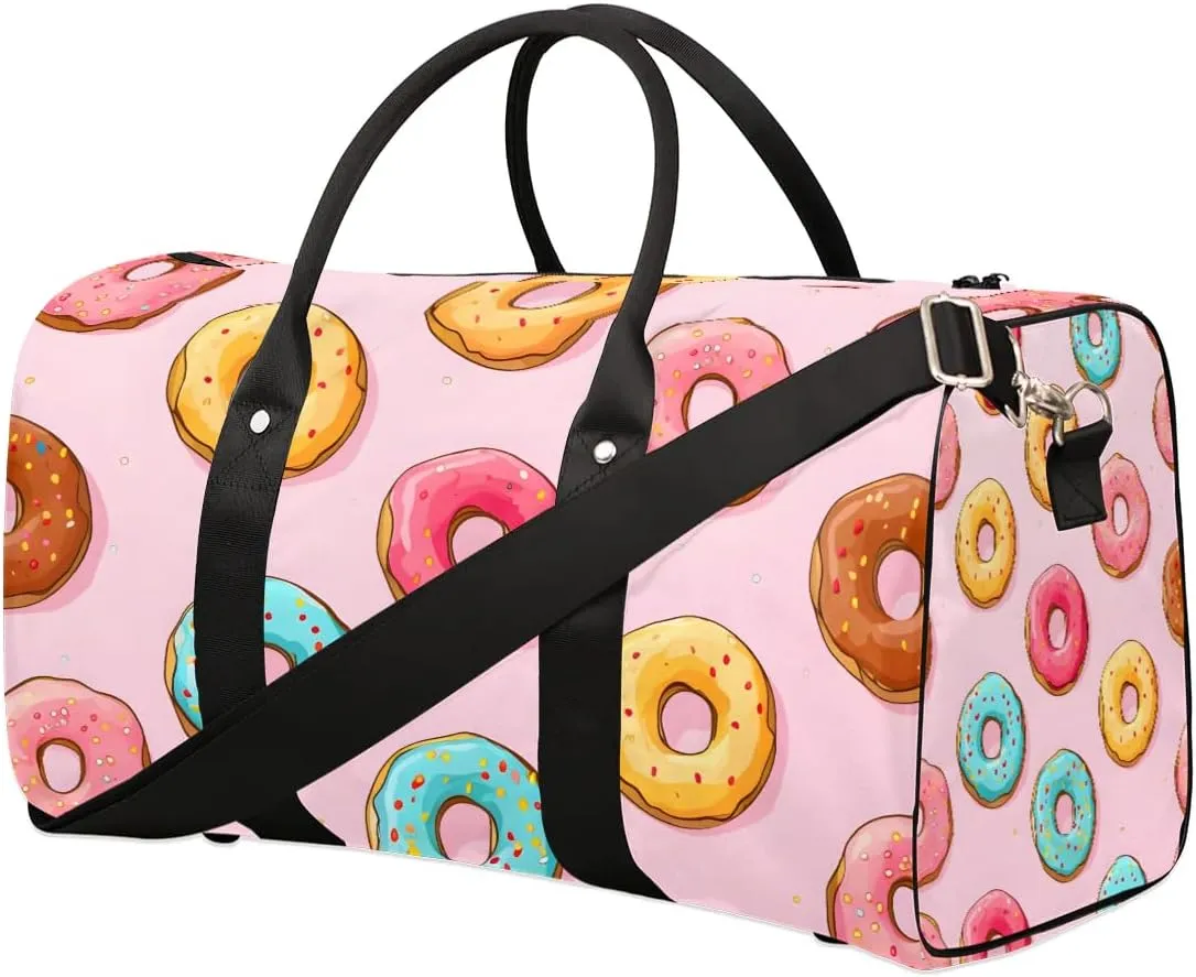 Pink Donut Food Travel Duffel Bag for Women Men Waterproof Foldable Overnight Weekender Bag Large Capacity Sports Gym Bag