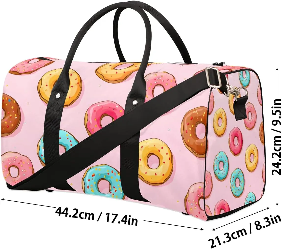 Pink Donut Food Travel Duffel Bag for Women Men Waterproof Foldable Overnight Weekender Bag Large Capacity Sports Gym Bag