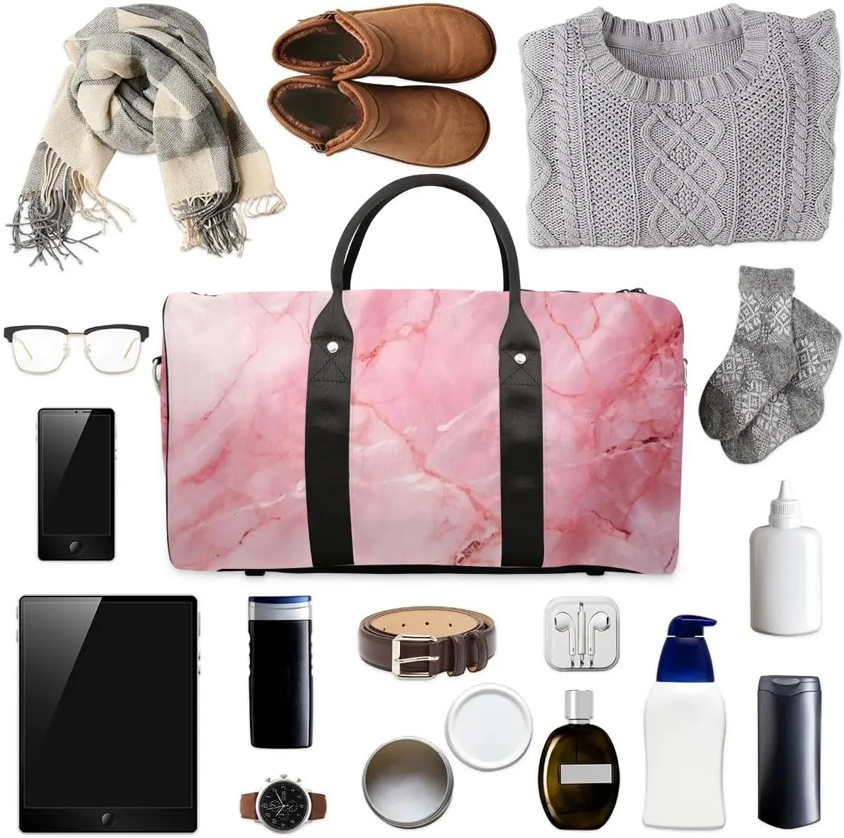 Pink Marble Pattern Travel Duffel Bag for Women Men Waterproof Foldable Overnight Weekender Bag Large Capacity Sports Gym Bag