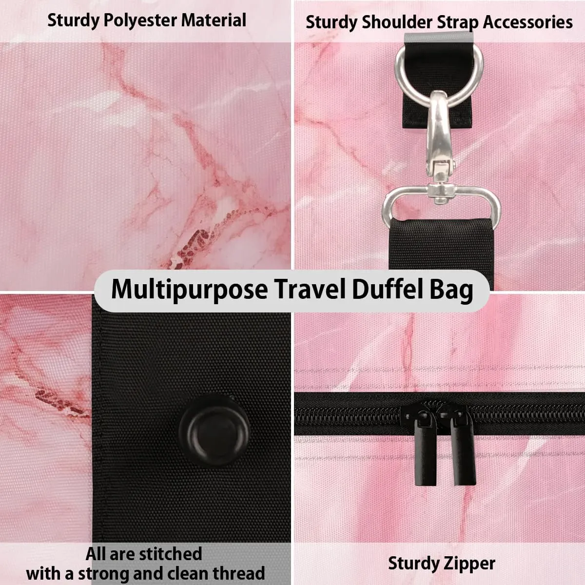 Pink Marble Pattern Travel Duffel Bag for Women Men Waterproof Foldable Overnight Weekender Bag Large Capacity Sports Gym Bag