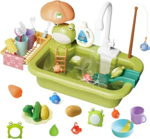 Play Sink with Running Water, Toddler Sink Toy with Automatic Water Cycle System ＆ Play Food, Pool Floating Fishing Game, Role Play Pretend Dishwasher Toy Gift for Boys Girls
