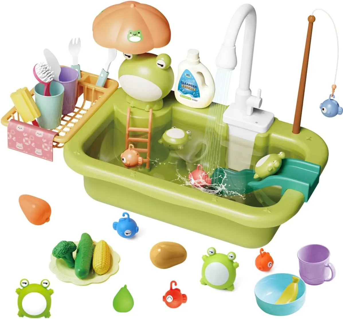 Play Sink with Running Water, Toddler Sink Toy with Automatic Water Cycle System ＆ Play Food, Pool Floating Fishing Game, Role Play Pretend Dishwasher Toy Gift for Boys Girls
