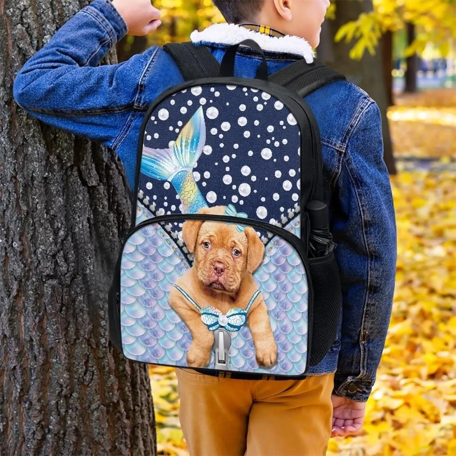 Poceacles Polyester Backpack Middle School Bag for Boys Girls 17 Inch Bookbag Rucksack Kids Schoolbags Satchel Travel Bags Lightweight Bag, Bordeaux Dog Pattern