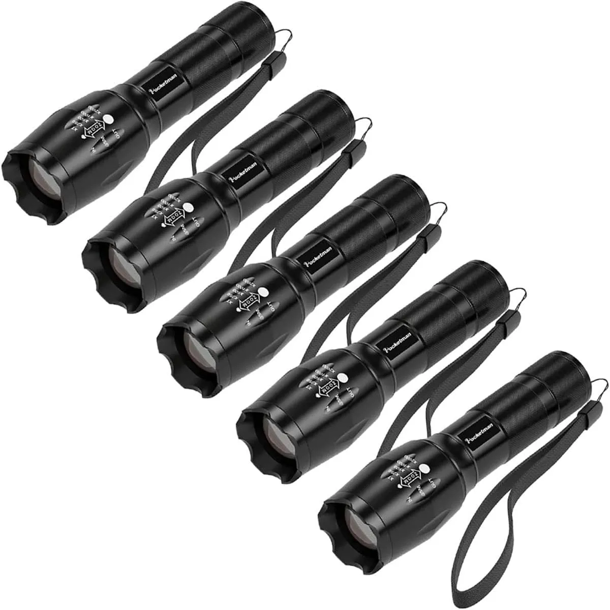 Pocketman 5 Pack, Led Tactical Flashlight Water Resistant Handheld Torch with 5 Modes and Adjustable Focus