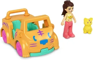 Polly Pocket Collectible Micro Mini Metal Vehicle, Poseable Doll and Pet Set - Kerstie Kitty with Kitty Cat Orange Convertible Car and Yellow Kitten Sidekick Playset