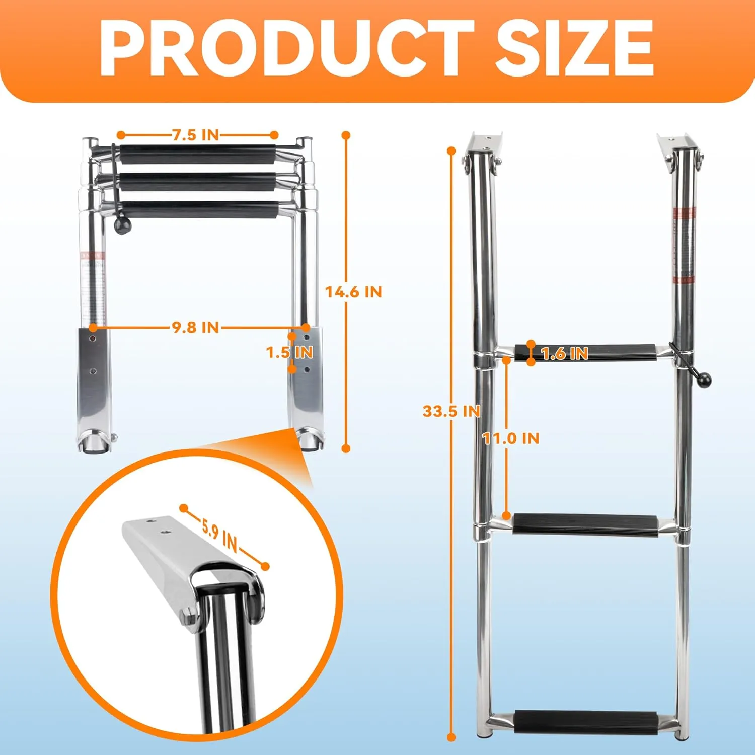 Pontoon Boat Ladder 3 Step Folding, Stainless Steel Swim Boarding Ladder for Boats,Yachts,and Over Platforms