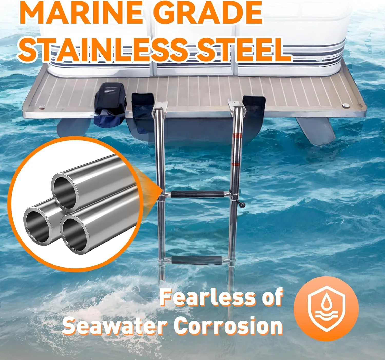 Pontoon Boat Ladder 3 Step Folding, Stainless Steel Swim Boarding Ladder for Boats,Yachts,and Over Platforms
