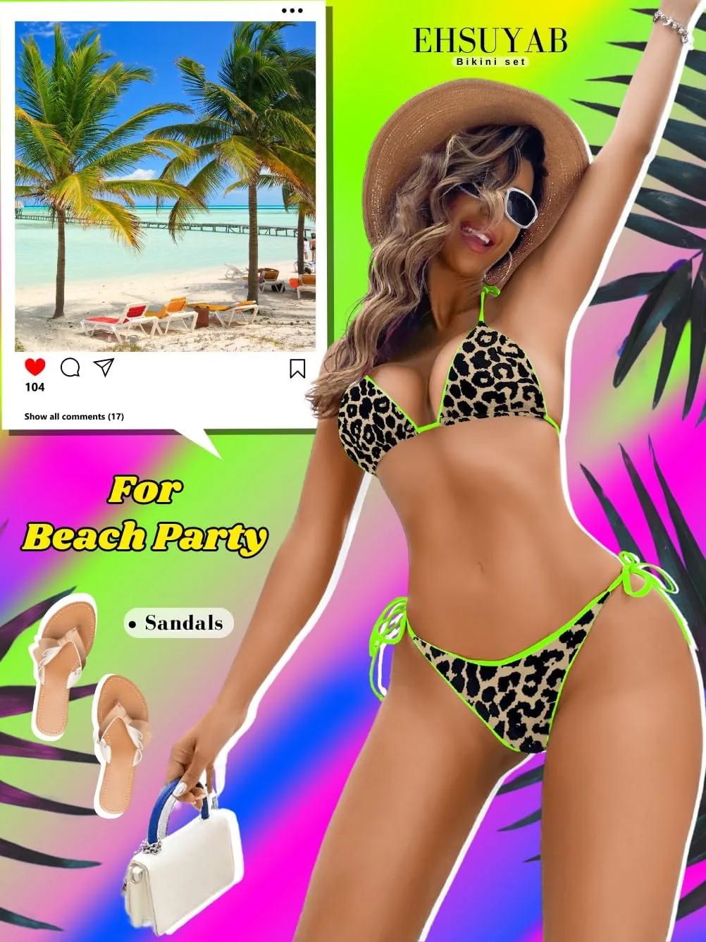 Pool Party Glitter Bikini, Neon Strap, Padded 2Pc Swimsuit Boudoir Shoot