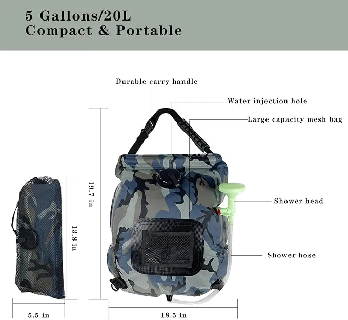 Portable Camping Shower Bag Solar Shower Bag for Camping 5 Gal/20L with On-Off Switchable Shower Head and Removable Hose for Camping,Hiking,Travel,Beach Swimming,Outdoor