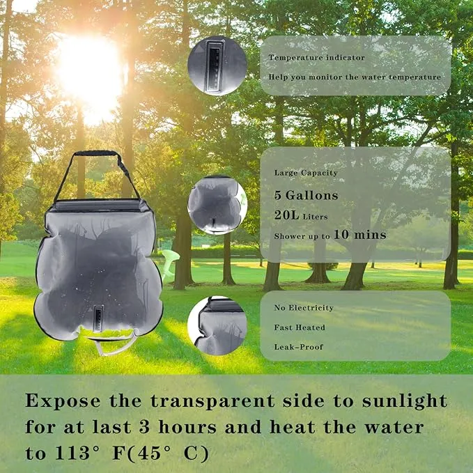 Portable Camping Shower Bag Solar Shower Bag for Camping 5 Gal/20L with On-Off Switchable Shower Head and Removable Hose for Camping,Hiking,Travel,Beach Swimming,Outdoor