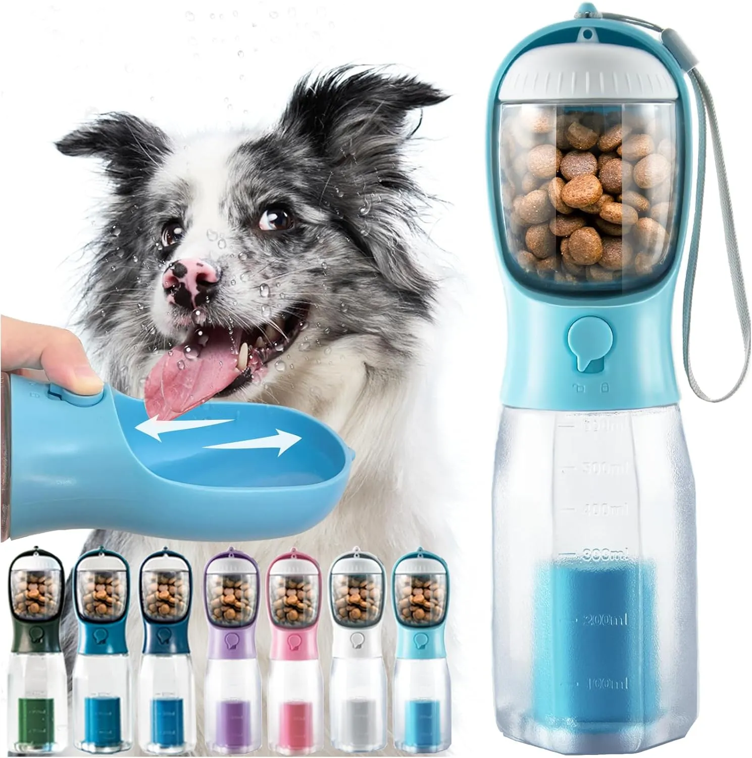 Portable Dog Water Bottle, 3-in-1 Travel Bowl with Food Container & Poop Bag Holder, Pet Dispenser Summer Outdoor Walking Hiking Accessories for Large Dogs - Blue, 20oz