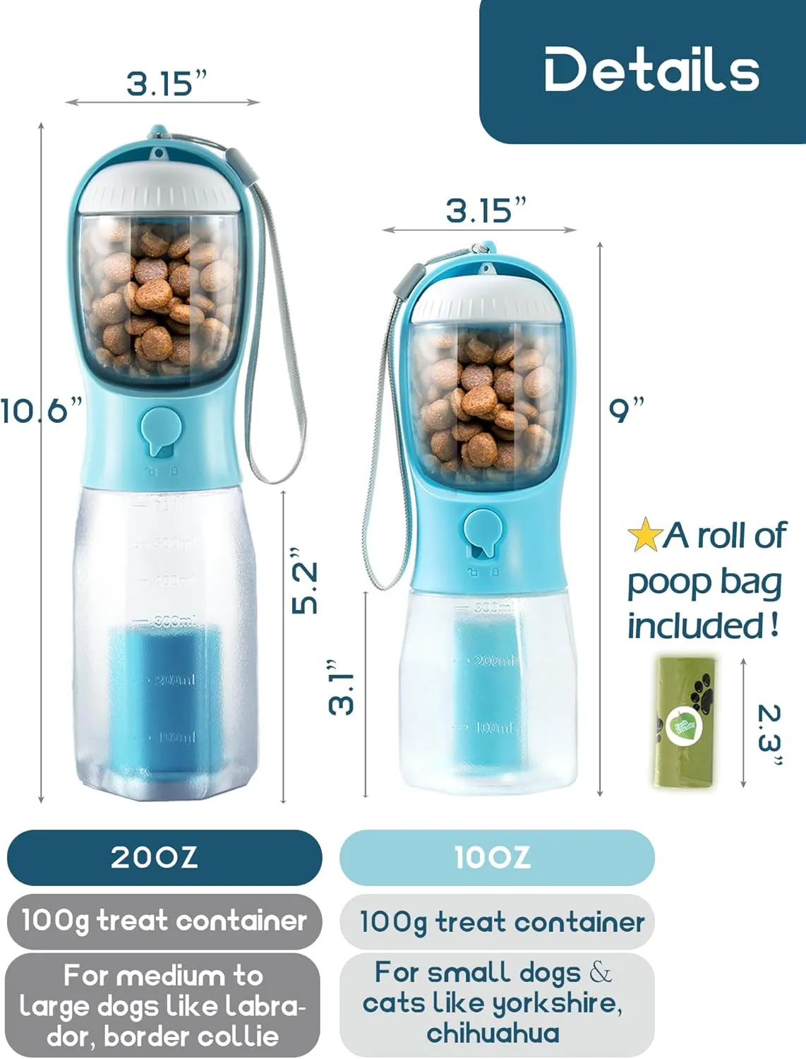 Portable Dog Water Bottle, 3-in-1 Travel Bowl with Food Container & Poop Bag Holder, Pet Dispenser Summer Outdoor Walking Hiking Accessories for Large Dogs - Blue, 20oz