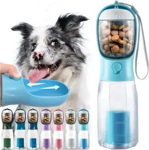Portable Dog Water Bottle, 3-in-1 Travel Bowl with Food Container & Poop Bag Holder, Pet Dispenser Summer Outdoor Walking Hiking Accessories for Large Dogs - Blue, 20oz