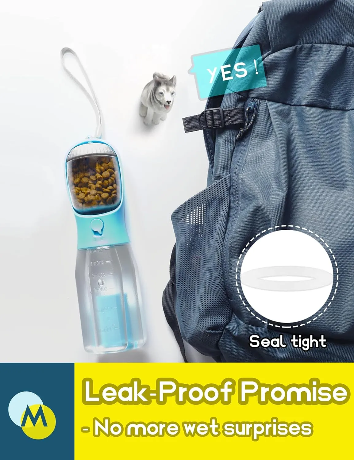 Portable Dog Water Bottle, 3-in-1 Travel Bowl with Food Container & Poop Bag Holder, Pet Dispenser Summer Outdoor Walking Hiking Accessories for Large Dogs - Blue, 20oz