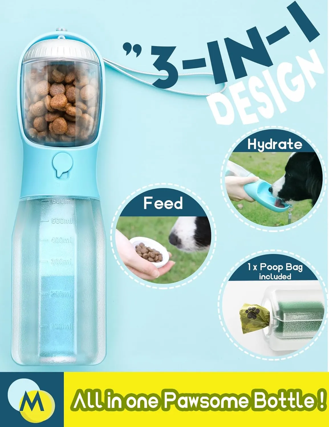 Portable Dog Water Bottle, 3-in-1 Travel Bowl with Food Container & Poop Bag Holder, Pet Dispenser Summer Outdoor Walking Hiking Accessories for Large Dogs - Blue, 20oz