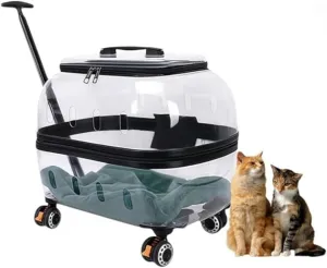 Portable Pet Cat Carrier with Wheels, Transparent Bubble Cat Trolley Case pet Backpack for Kitty Small Dog[Clear Ventilation Holes Silent Wheels] Carrier for Hiking, Retractable (Transparent Black)
