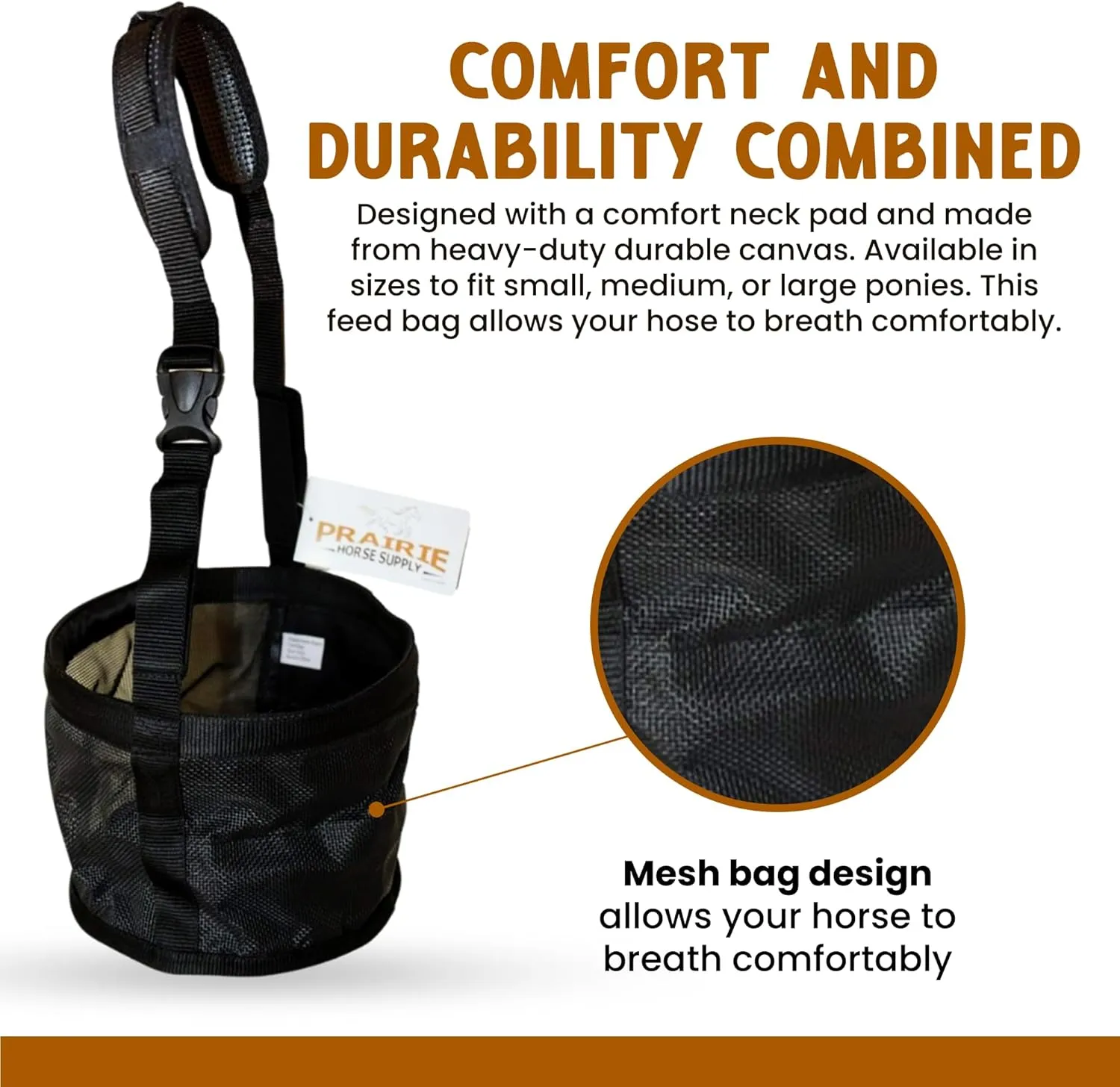 Prairie Horse Supply Adjustable Horse Feed Bag with Comfort Neck Pad - Heavy Duty, Durable Canvas Grain Feedbag, Essential for Controlled Feeding - Suitable for Small, Medium, Large Horses and Ponies