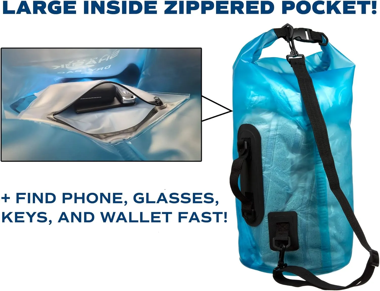 Premium Waterproof Dry Bag by SandShark Transparent 10 & 20 Liter Floating Sack w/Large Inside Pocket for Boating, Beach and Watersports - Side and Shoulder Strap – Roll Top Keeps Gear Dry.