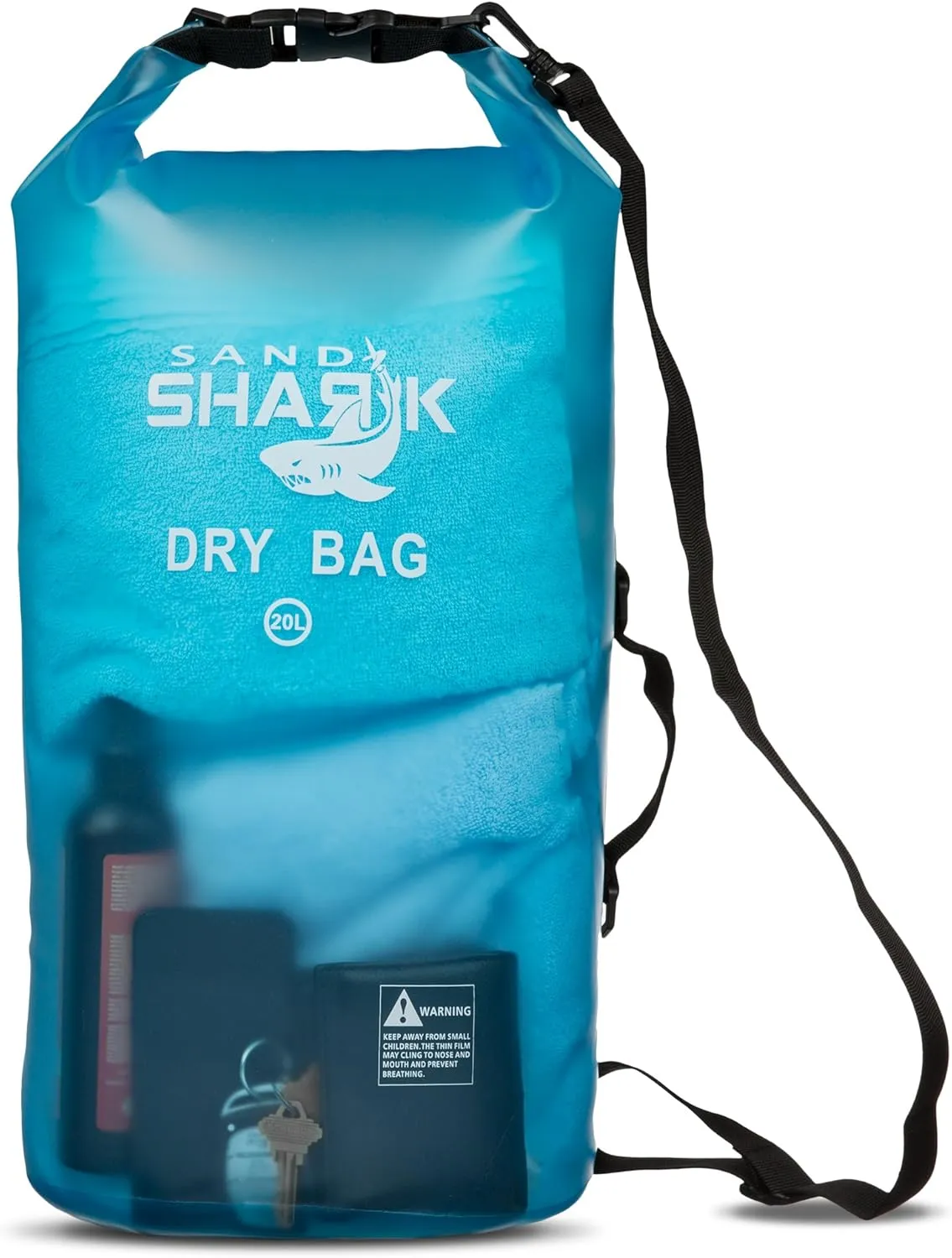 Premium Waterproof Dry Bag by SandShark Transparent 10 & 20 Liter Floating Sack w/Large Inside Pocket for Boating, Beach and Watersports - Side and Shoulder Strap – Roll Top Keeps Gear Dry.