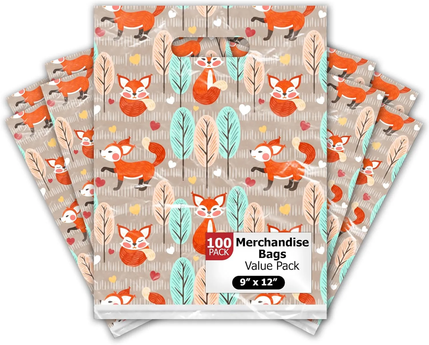 Pro Supply Global 9x12 100 Count Fox and Trees Designer Retail Boutique Merchandise Bags with Die Cut Handles Premium Printed Shopping Bags For Small Business Shop Owners