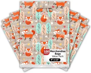 Pro Supply Global 9x12 100 Count Fox and Trees Designer Retail Boutique Merchandise Bags with Die Cut Handles Premium Printed Shopping Bags For Small Business Shop Owners