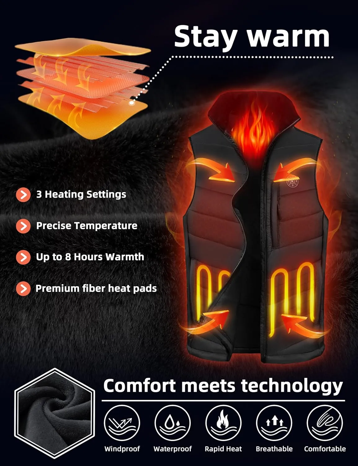 Professional Men's Heated Vest with 12000mAh Large Capacity Battery Pack