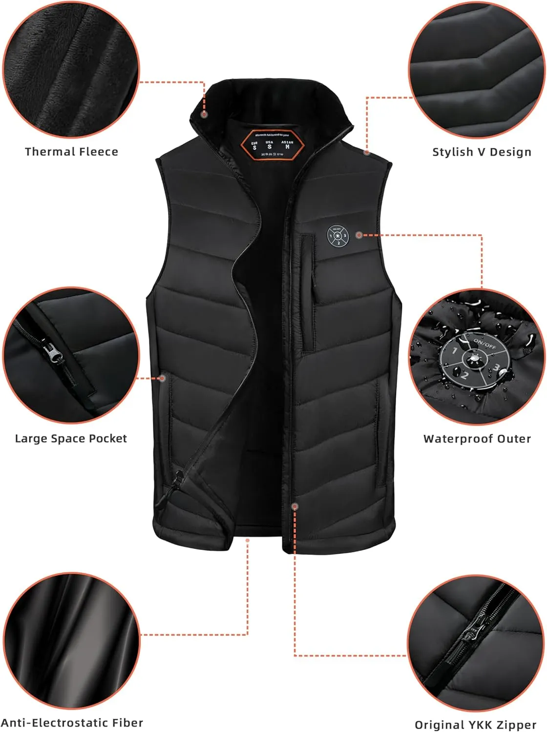 Professional Men's Heated Vest with 12000mAh Large Capacity Battery Pack