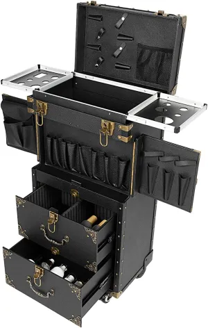 Professional Rolling Makeup Train Case, Aluminum Cosmetic Train Case with Wheels & Keys, Multi-functional Rolling Makeup Case with Hair Dryer Holder