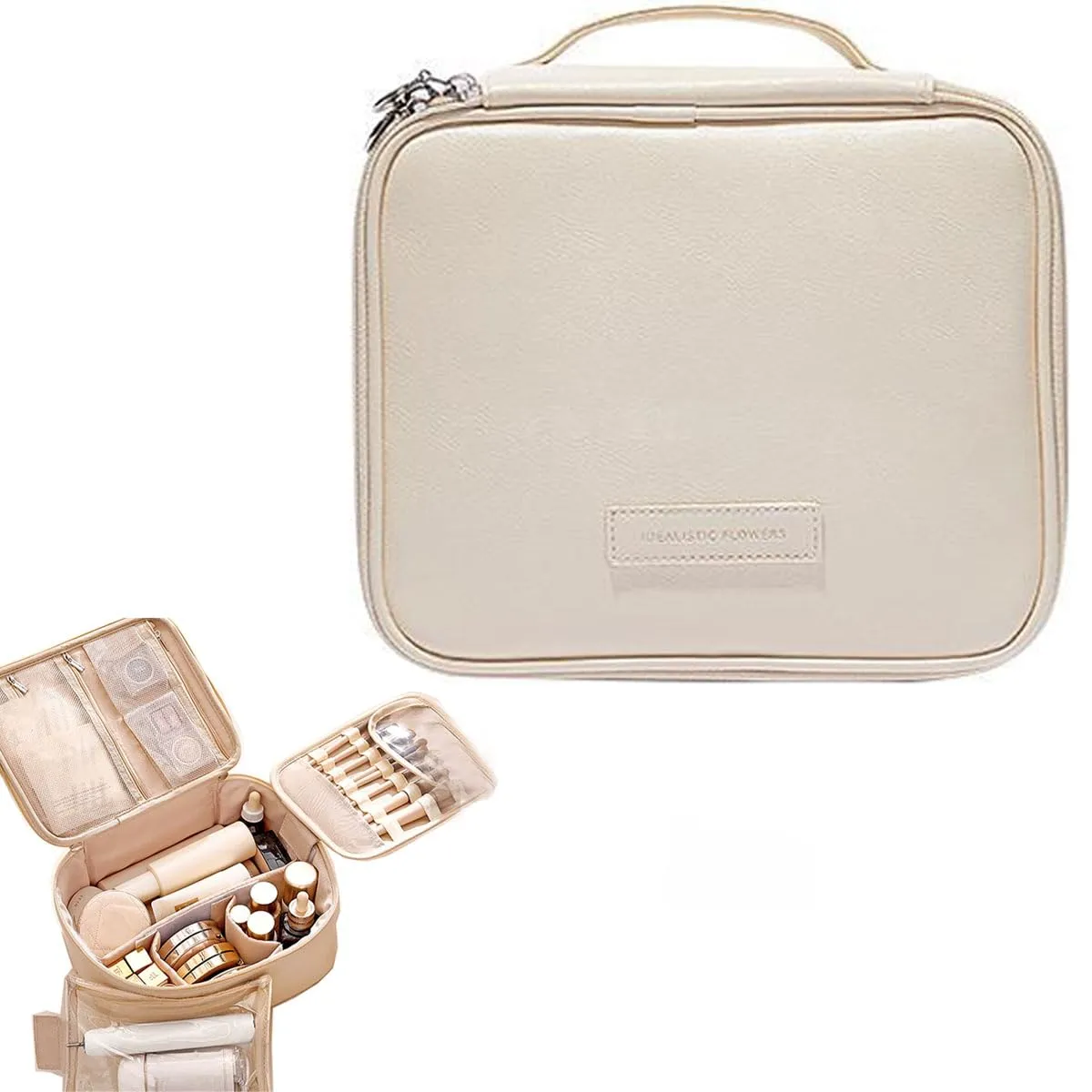 PU Large Capacity Cosmetic Bag Women's Partition Makeup Storage Box Travel Makeup Bag Makeup Box Extra Large (Apricot)