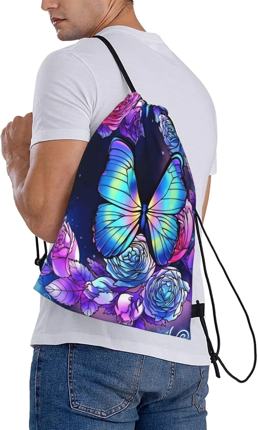 Purple Butterfly Roses Drawstring Backpack Waterproof Sports String Bag Adjustable Lightweight Gym Dance Sackpack for Women Men Boys Girls