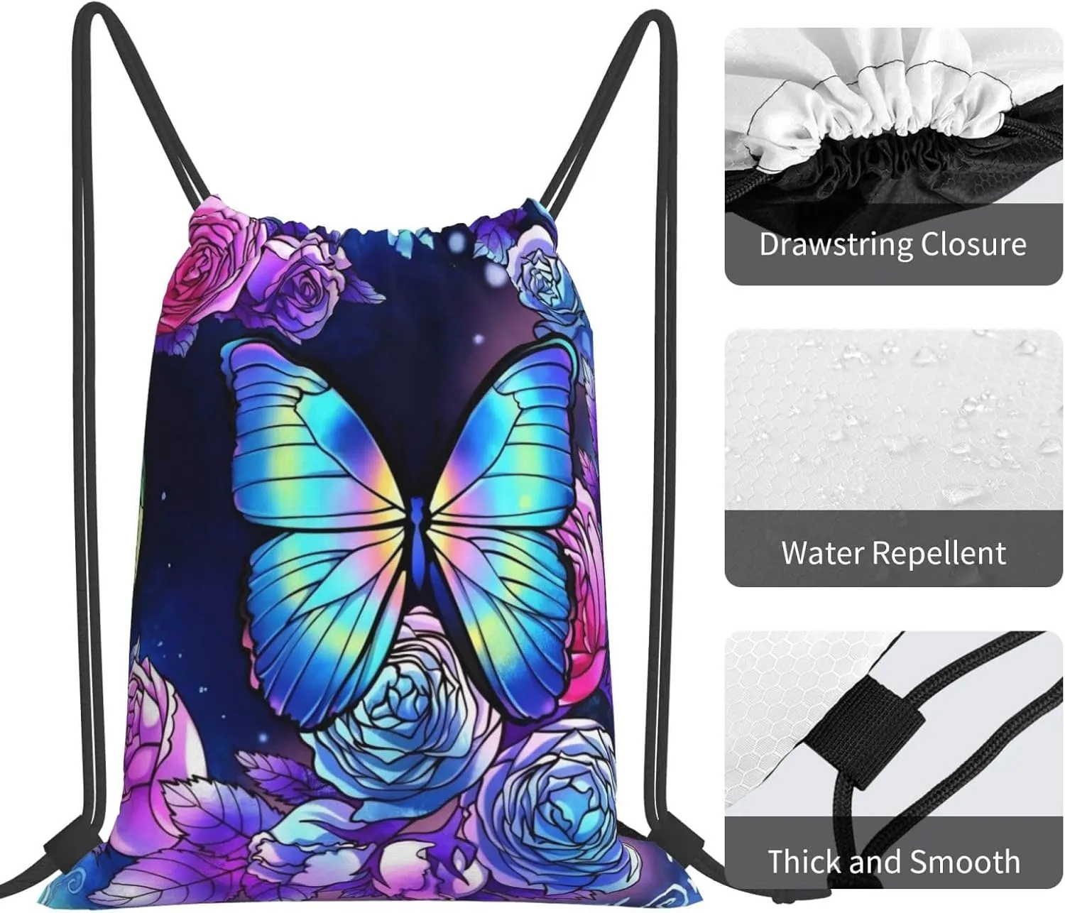 Purple Butterfly Roses Drawstring Backpack Waterproof Sports String Bag Adjustable Lightweight Gym Dance Sackpack for Women Men Boys Girls