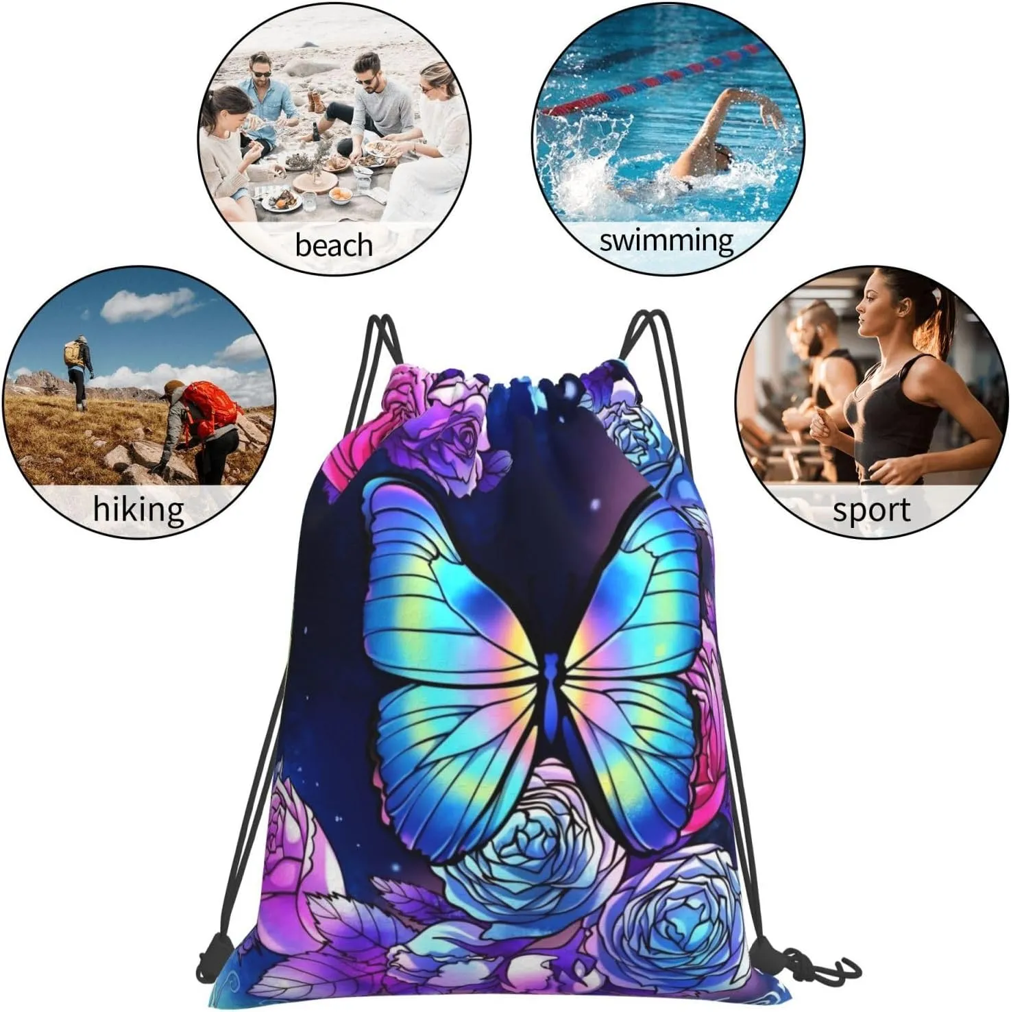 Purple Butterfly Roses Drawstring Backpack Waterproof Sports String Bag Adjustable Lightweight Gym Dance Sackpack for Women Men Boys Girls