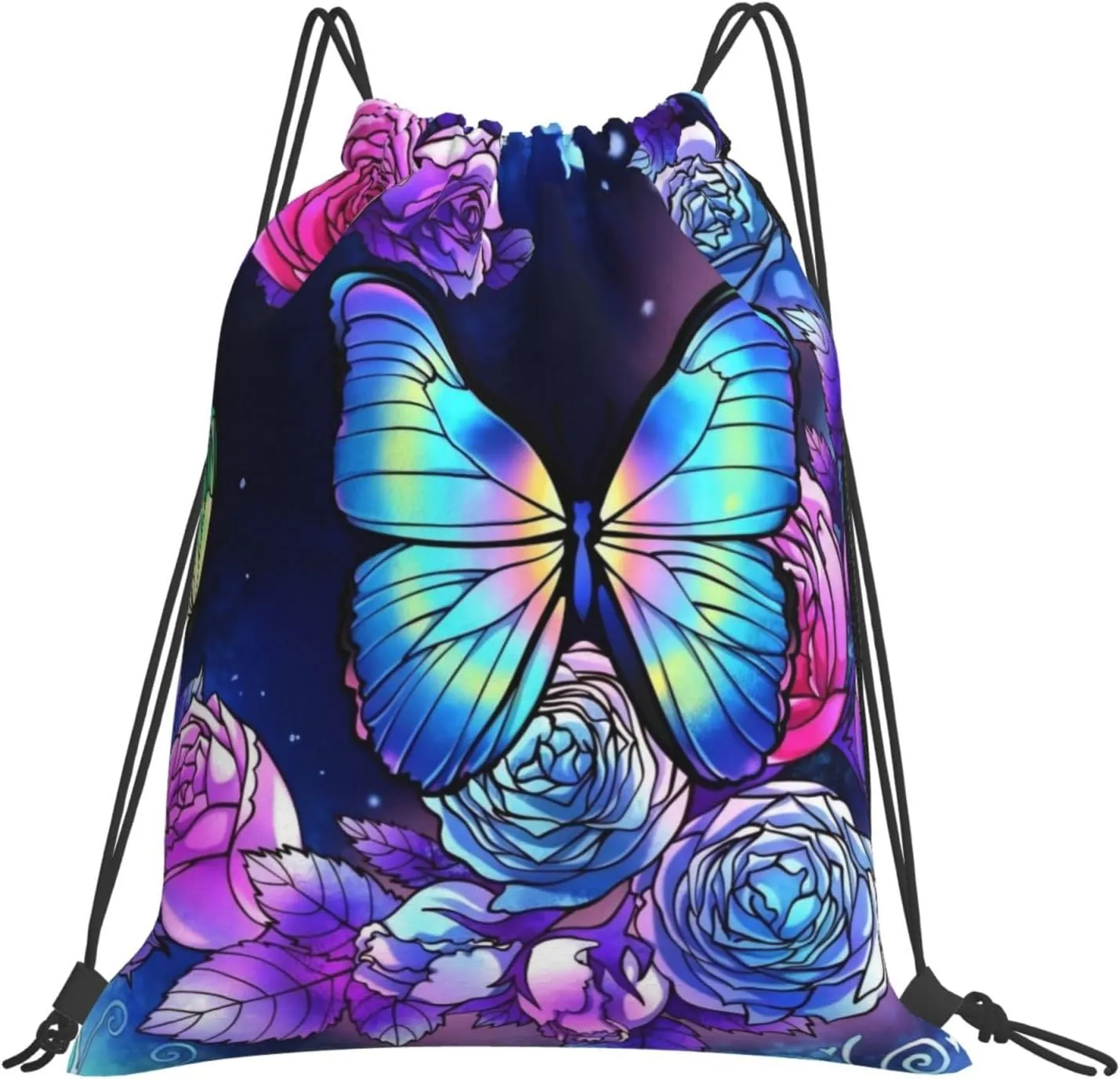 Purple Butterfly Roses Drawstring Backpack Waterproof Sports String Bag Adjustable Lightweight Gym Dance Sackpack for Women Men Boys Girls