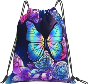 Purple Butterfly Roses Drawstring Backpack Waterproof Sports String Bag Adjustable Lightweight Gym Dance Sackpack for Women Men Boys Girls