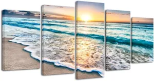 Pyradecor 5 Panels Blue Beach Sunrise White Wave Pictures Painting on Canvas Wall Art Modern Seascape Giclee Canvas Prints Seaview Landscape Artwork for Home Office Decorations