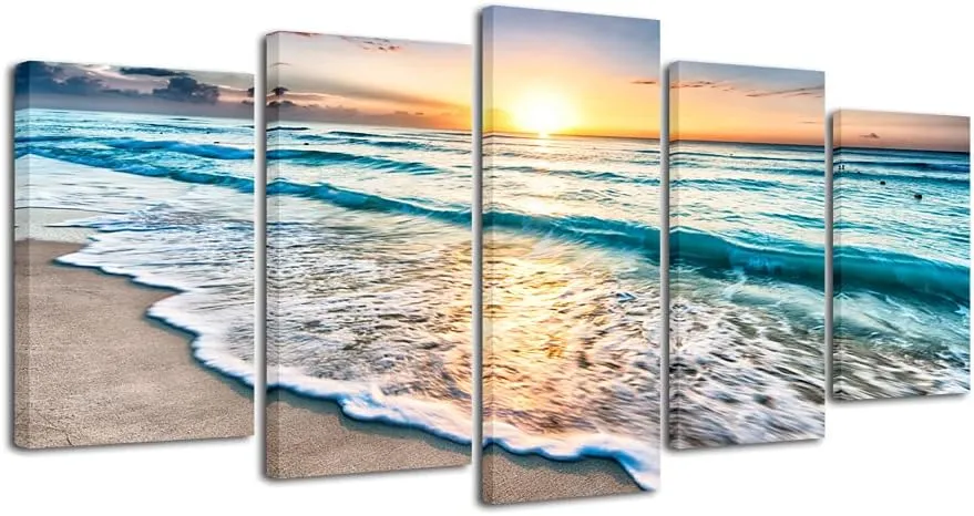 Pyradecor 5 Panels Blue Beach Sunrise White Wave Pictures Painting on Canvas Wall Art Modern Seascape Giclee Canvas Prints Seaview Landscape Artwork for Home Office Decorations