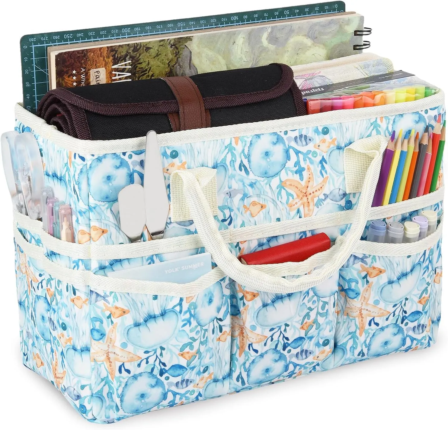 qianshan Craft Organizer Tote Bag with Multiple Pockets, Large Art Storage Caddy with Handles for Art, Craft, Sewing, Make-up，Scrapbooking, Medical, and Office Supplies Storage.Blue Jellyfish