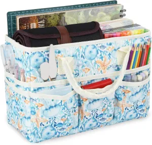 qianshan Craft Organizer Tote Bag with Multiple Pockets, Large Art Storage Caddy with Handles for Art, Craft, Sewing, Make-up，Scrapbooking, Medical, and Office Supplies Storage.Blue Jellyfish