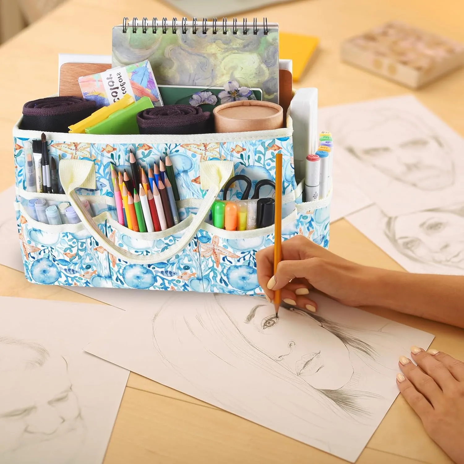 qianshan Craft Organizer Tote Bag with Multiple Pockets, Large Art Storage Caddy with Handles for Art, Craft, Sewing, Make-up，Scrapbooking, Medical, and Office Supplies Storage.Blue Jellyfish