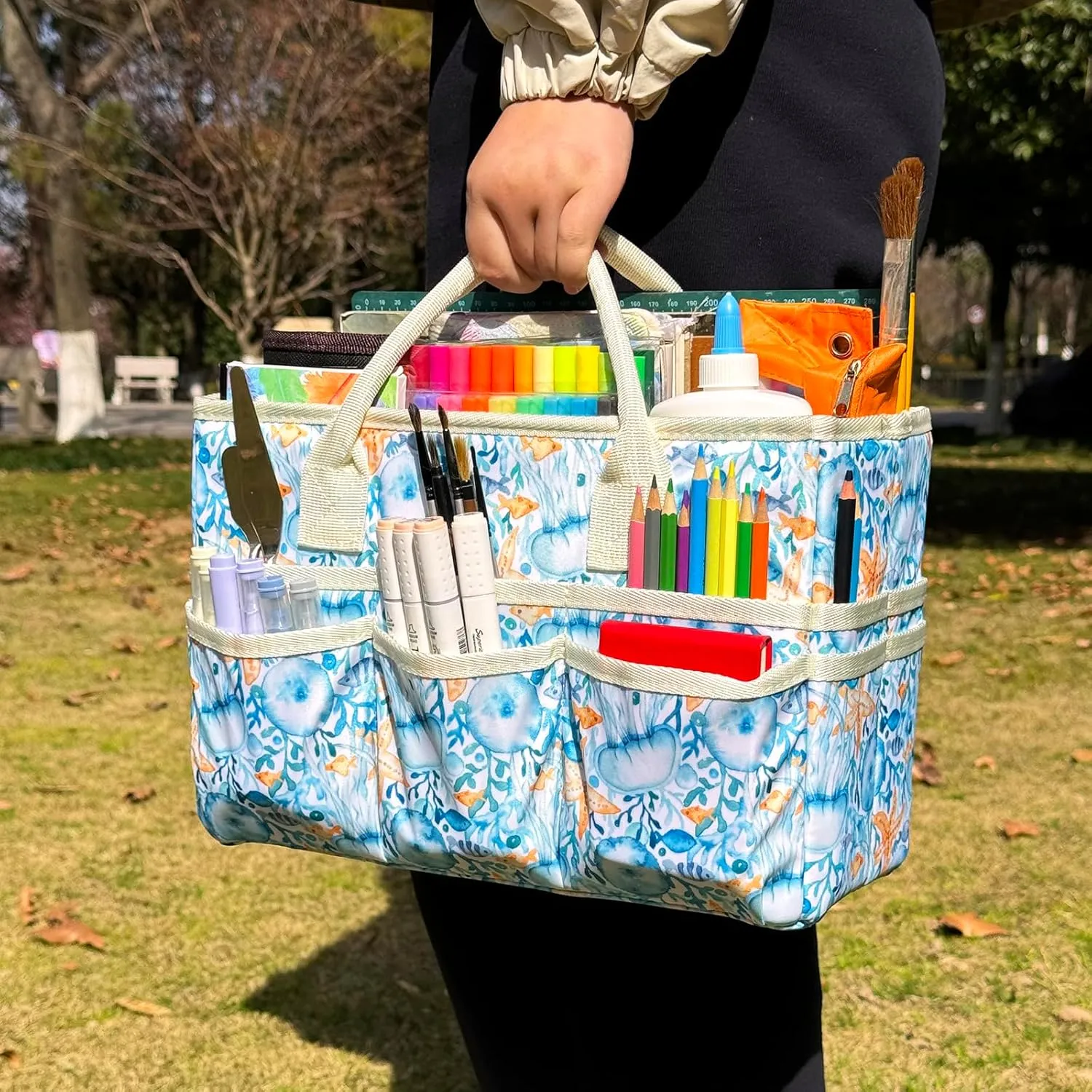 qianshan Craft Organizer Tote Bag with Multiple Pockets, Large Art Storage Caddy with Handles for Art, Craft, Sewing, Make-up，Scrapbooking, Medical, and Office Supplies Storage.Blue Jellyfish